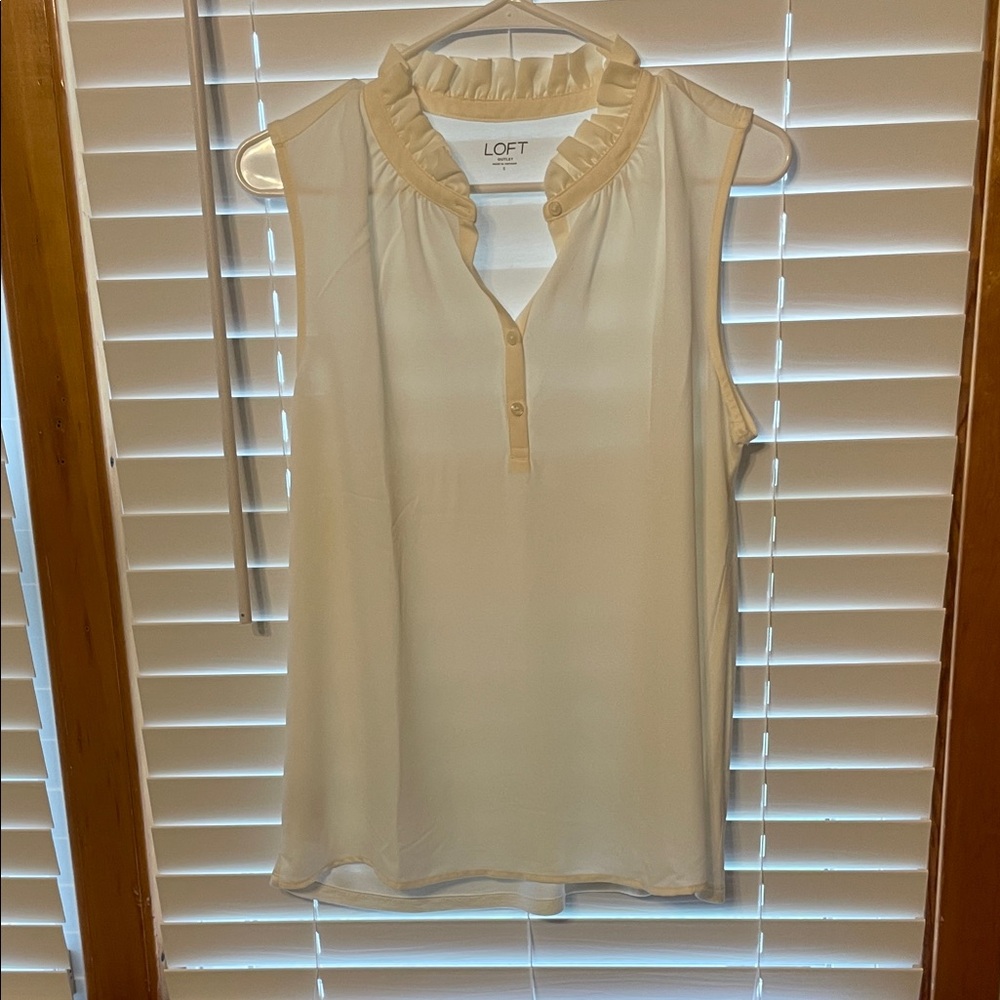 LOFT Ivory Ruffle Neck Sleeveless Blouse